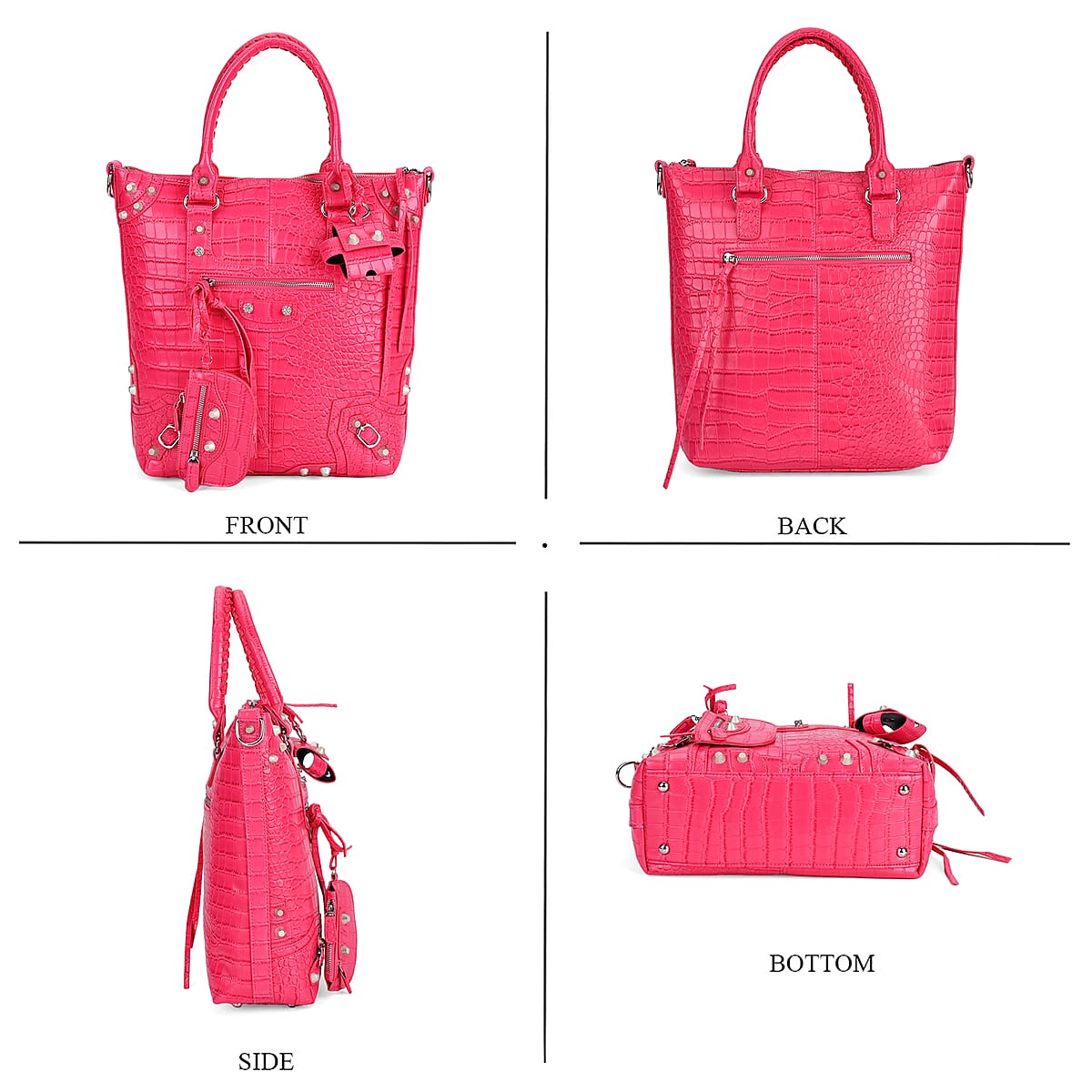 Rose Pink Crocodile Embossed Faux Leather Crossbody Bag with Long Shoulder Strap image number 3
