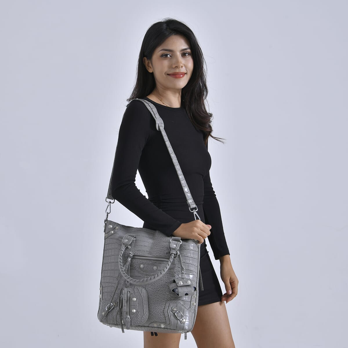 Gray Crocodile Embossed Faux Leather Crossbody Bag with Long Shoulder Strap image number 1