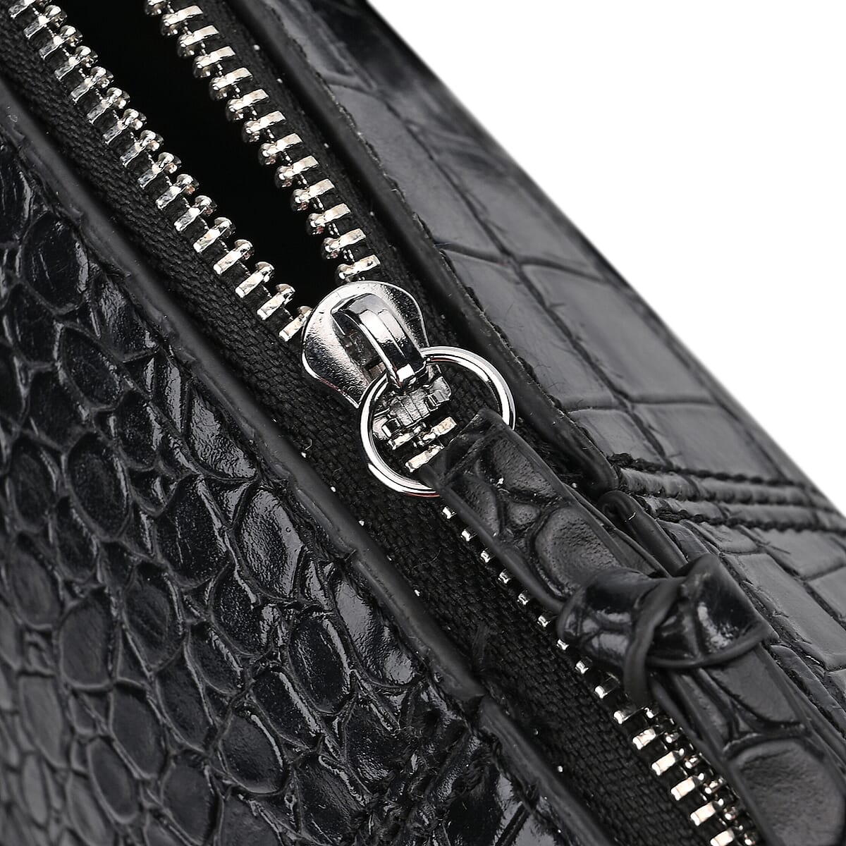 Black Crocodile Embossed Faux Leather Crossbody Bag with Long Shoulder Strap image number 5