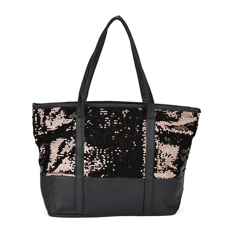 Radiant Bronze to Gold Sequin and Faux Leather Tote Bag