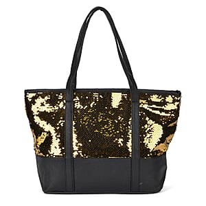 Radiant Silver to Gold Sequin and Faux Leather Tote Bag