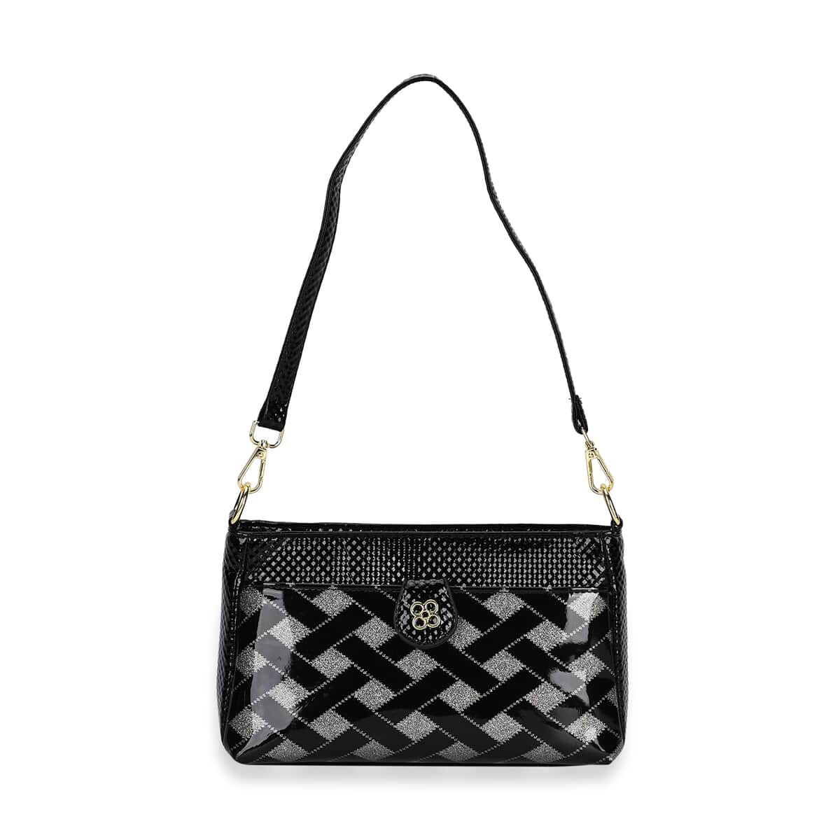 Black Checked Pattern Faux Leather Crossbody Bag with Shoulder Strap image number 0