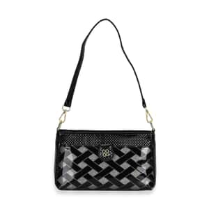 Black Checked Pattern Faux Leather Crossbody Bag with Shoulder Strap