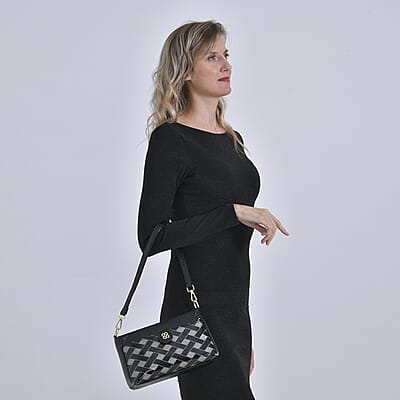 Black Checked Pattern Faux Leather Crossbody Bag with Shoulder Strap