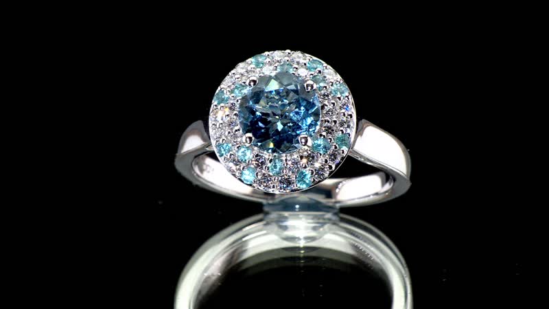 Certified & Appraised Rhapsody AAAA Santa Maria Aquamarine, Paraiba Tourmaline and E-F VS Diamond 1.50 ctw Double Halo Ring in 950 Platinum 6.22 Grams