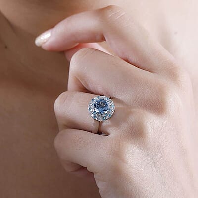 Certified & Appraised Rhapsody AAAA Santa Maria Aquamarine, Paraiba Tourmaline and E-F VS Diamond 1.50 ctw Double Halo Ring in 950 Platinum (Size 6.0) 6.22 Grams