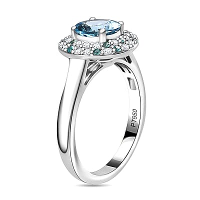 Certified & Appraised Rhapsody AAAA Santa Maria Aquamarine, Paraiba Tourmaline and E-F VS Diamond 1.50 ctw Double Halo Ring in 950 Platinum (Size 6.0) 6.22 Grams