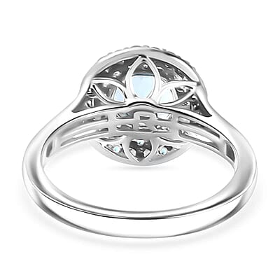 Certified & Appraised Rhapsody AAAA Santa Maria Aquamarine, Paraiba Tourmaline and E-F VS Diamond 1.50 ctw Double Halo Ring in 950 Platinum (Size 6.0) 6.22 Grams