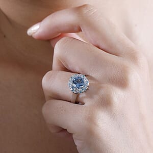 Certified & Appraised Rhapsody AAAA Santa Maria Aquamarine, Paraiba Tourmaline and E-F VS Diamond 1.50 ctw Double Halo Ring in 950 Platinum (Size 9.0) 6.22 Grams