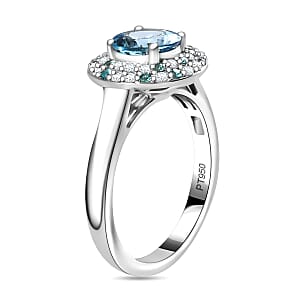 Certified & Appraised Rhapsody AAAA Santa Maria Aquamarine, Paraiba Tourmaline and E-F VS Diamond 1.50 ctw Double Halo Ring in 950 Platinum (Size 9.0) 6.22 Grams