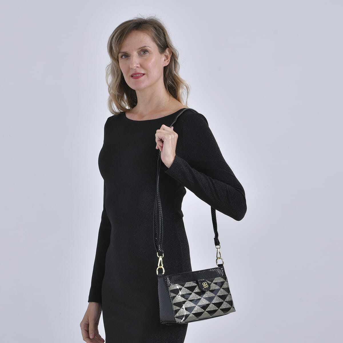 Black Triangle Pattern Faux Leather Crossbody Bag with Shoulder Strap image number 1