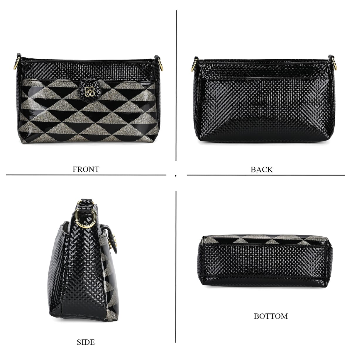 Black Triangle Pattern Faux Leather Crossbody Bag with Shoulder Strap image number 3