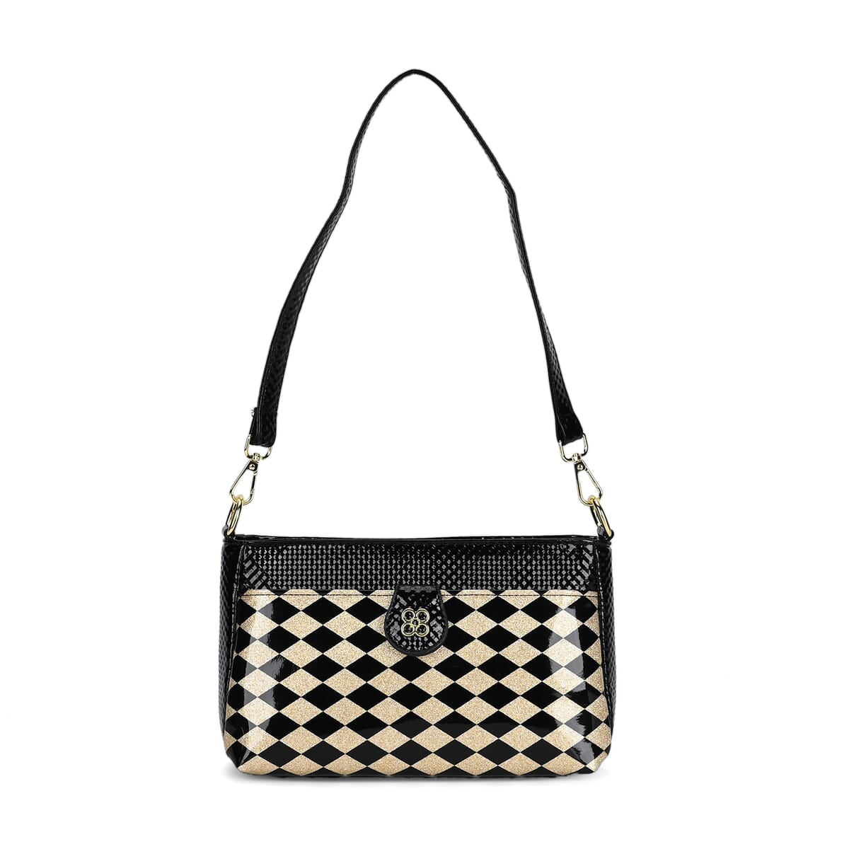Black Rhomboid Pattern Faux Leather Crossbody Bag with Shoulder Strap image number 0