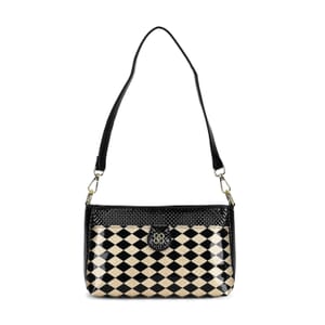 Black Rhomboid Pattern Faux Leather Crossbody Bag with Shoulder Strap