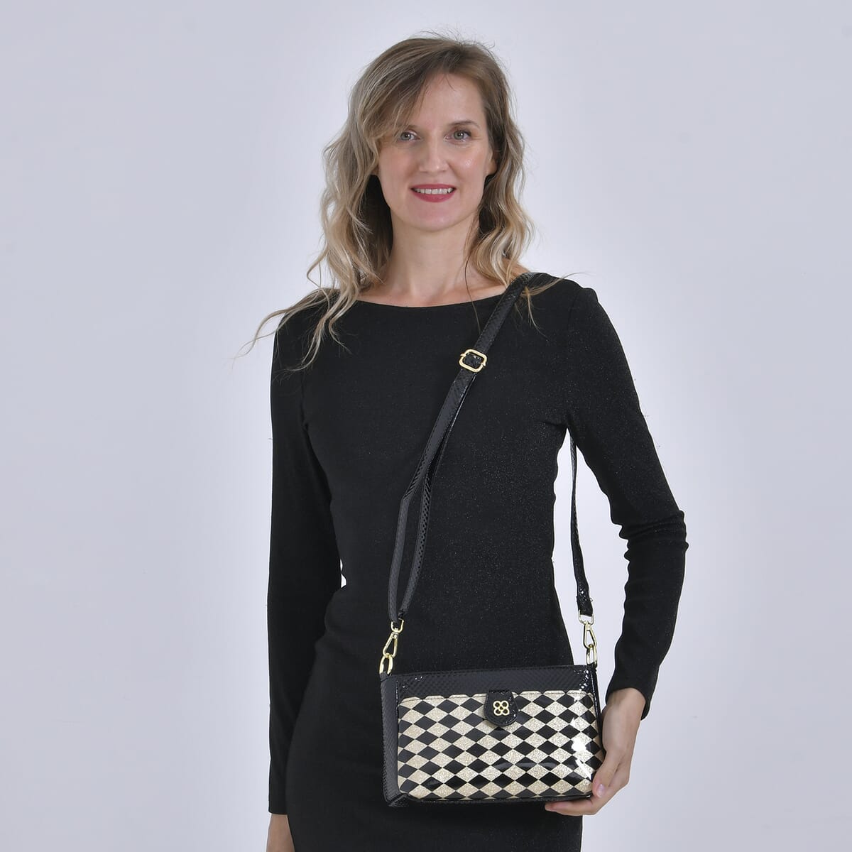 Black Rhomboid Pattern Faux Leather Crossbody Bag with Shoulder Strap image number 1
