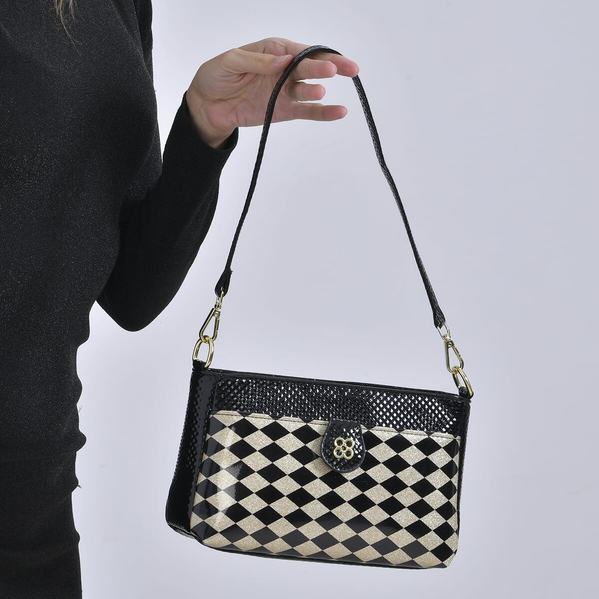 Black Rhomboid Pattern Faux Leather Crossbody Bag with Shoulder Strap image number 2