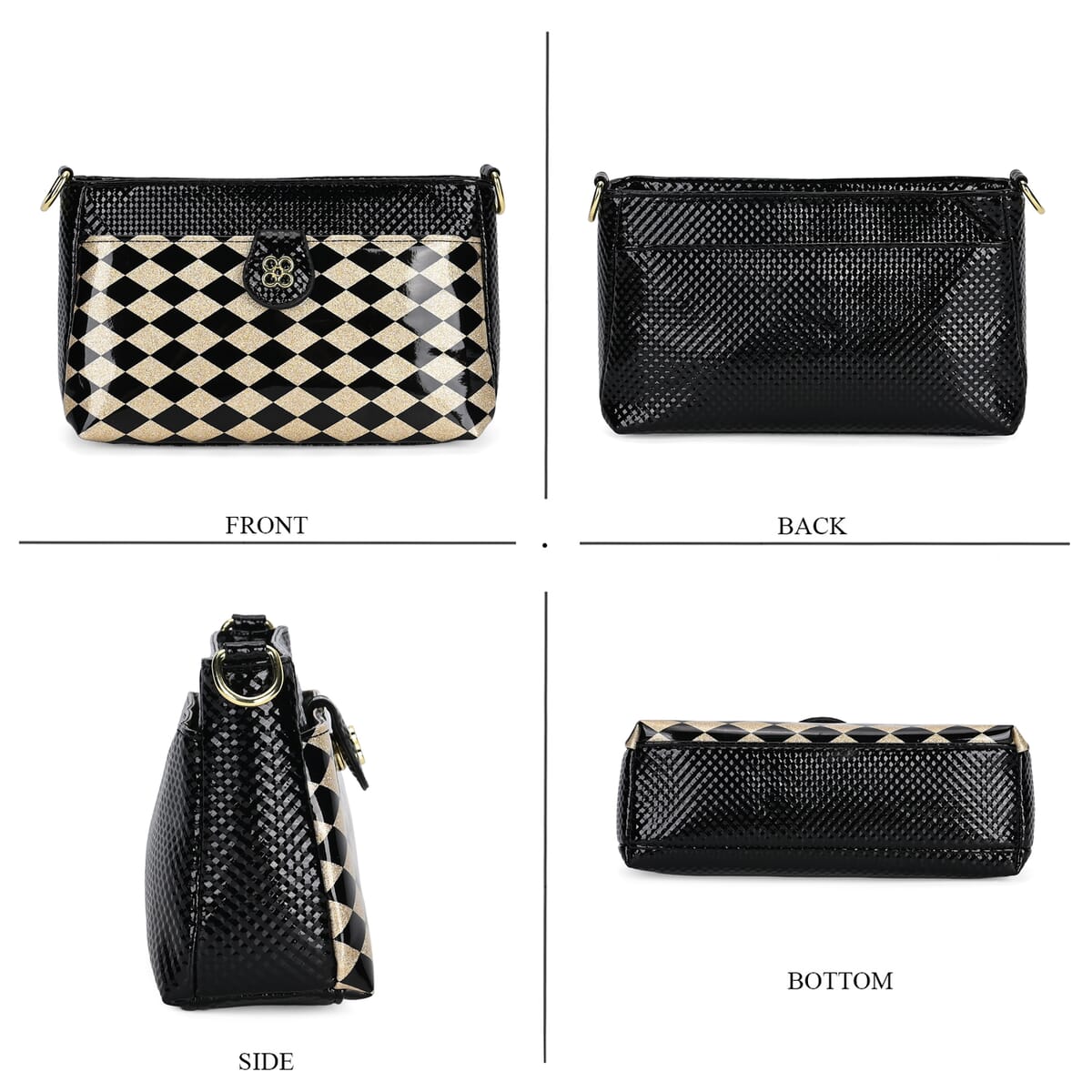 Black Rhomboid Pattern Faux Leather Crossbody Bag with Shoulder Strap image number 3