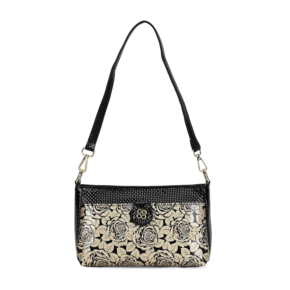 Black Rose Pattern Faux Leather Crossbody Bag with Shoulder Strap image number 0