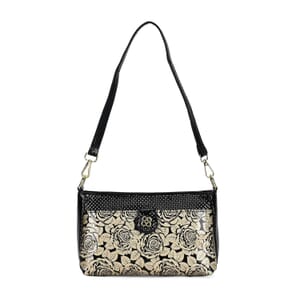 Black Rose Pattern Faux Leather Crossbody Bag with Shoulder Strap