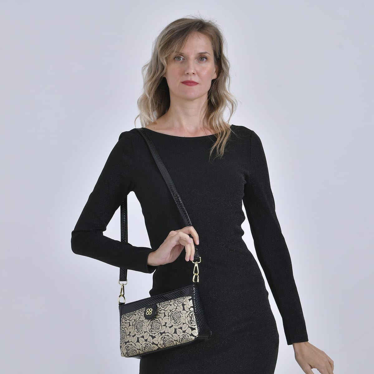 Black Rose Pattern Faux Leather Crossbody Bag with Shoulder Strap image number 1