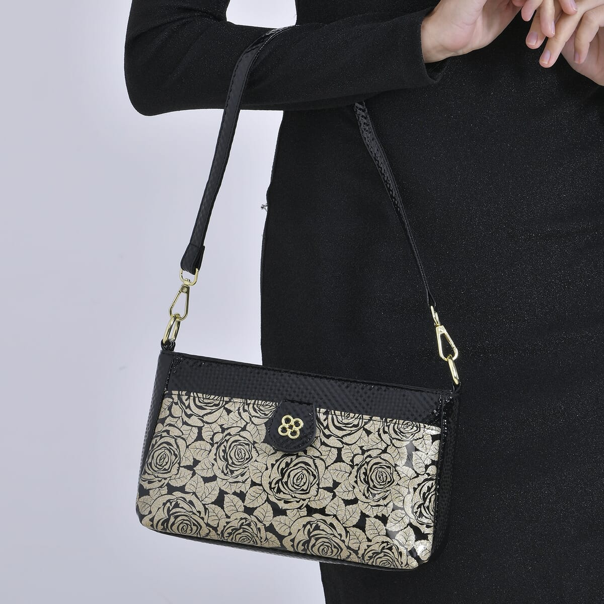 Black Rose Pattern Faux Leather Crossbody Bag with Shoulder Strap image number 2