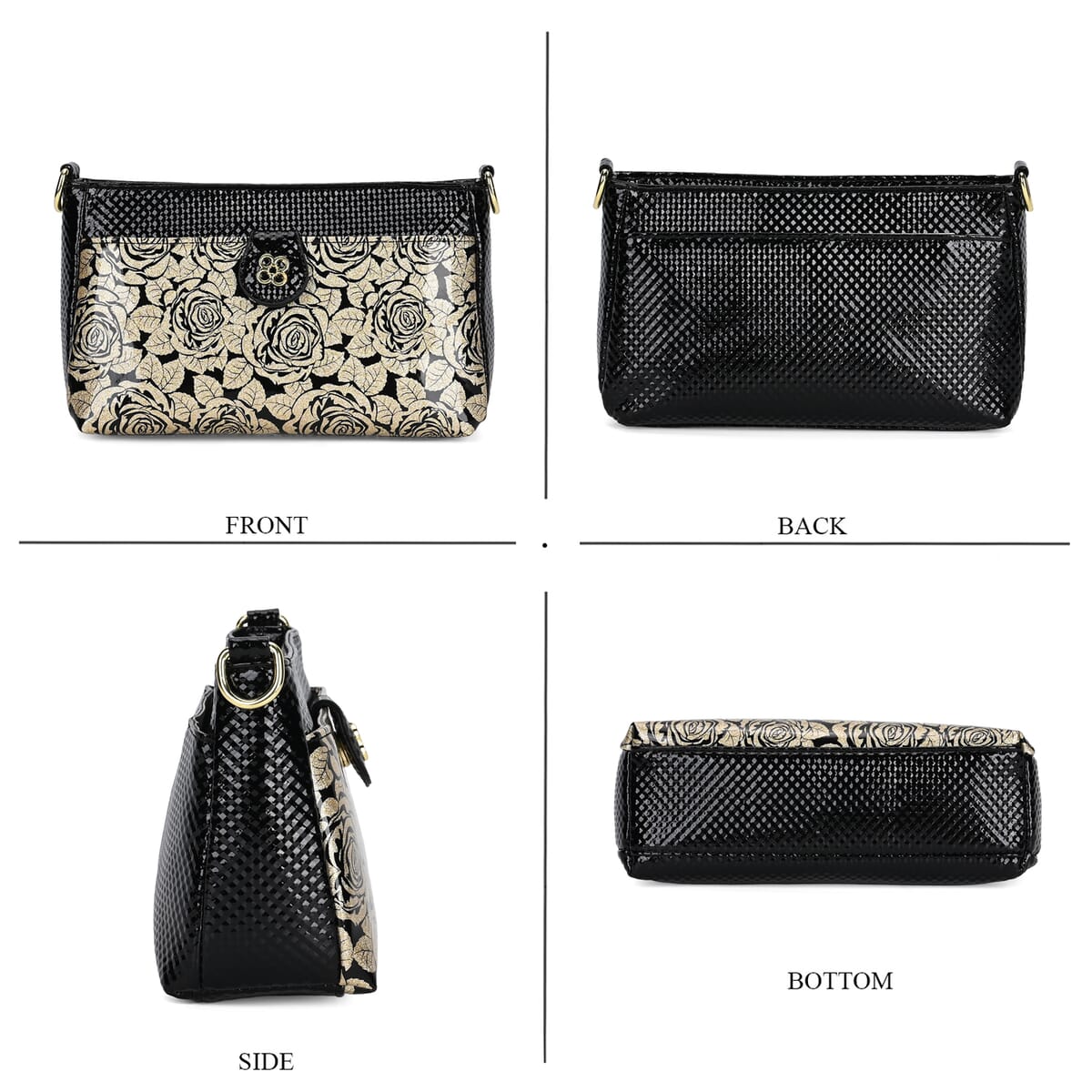 Black Rose Pattern Faux Leather Crossbody Bag with Shoulder Strap image number 3