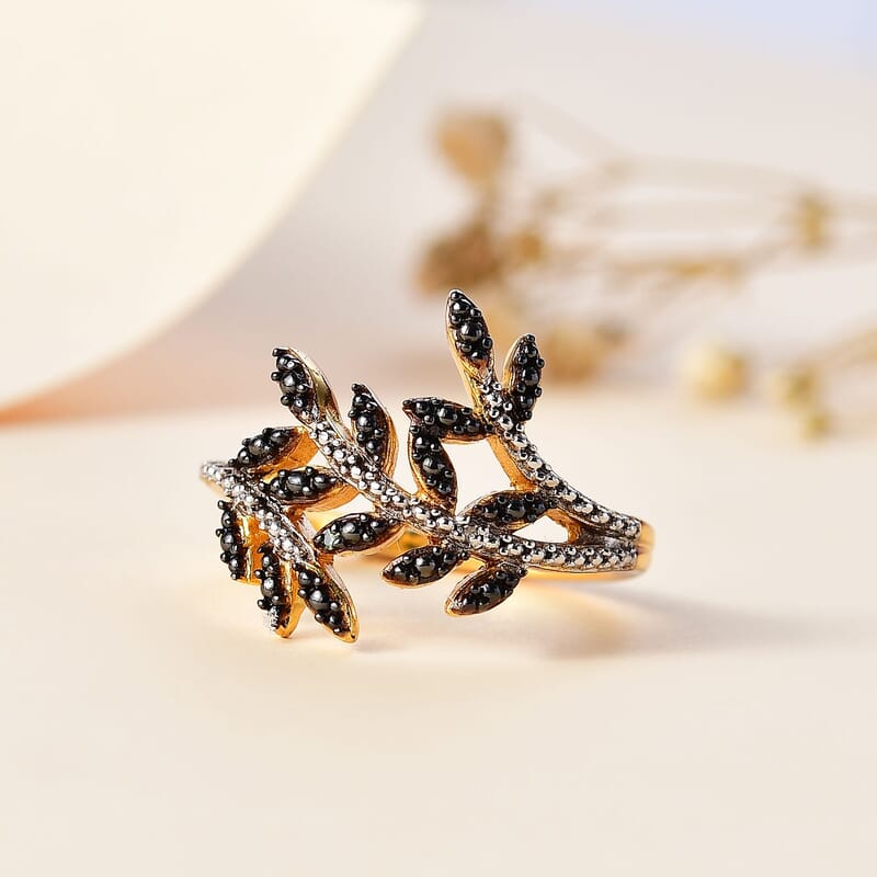 Karis Green and White Diamond Accent Bypass Leaf Ring in 18K Yellow Gold Plated (Size 10.0)