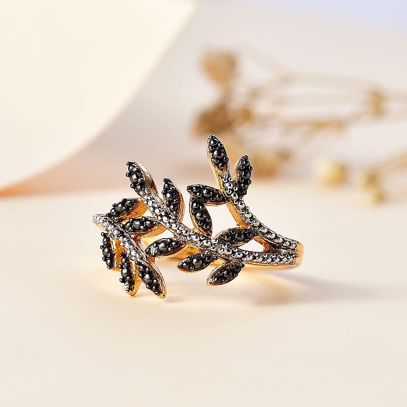 Karis Green and White Diamond Accent Bypass Leaf Ring in 18K Yellow Gold Plated (Size 10.0)