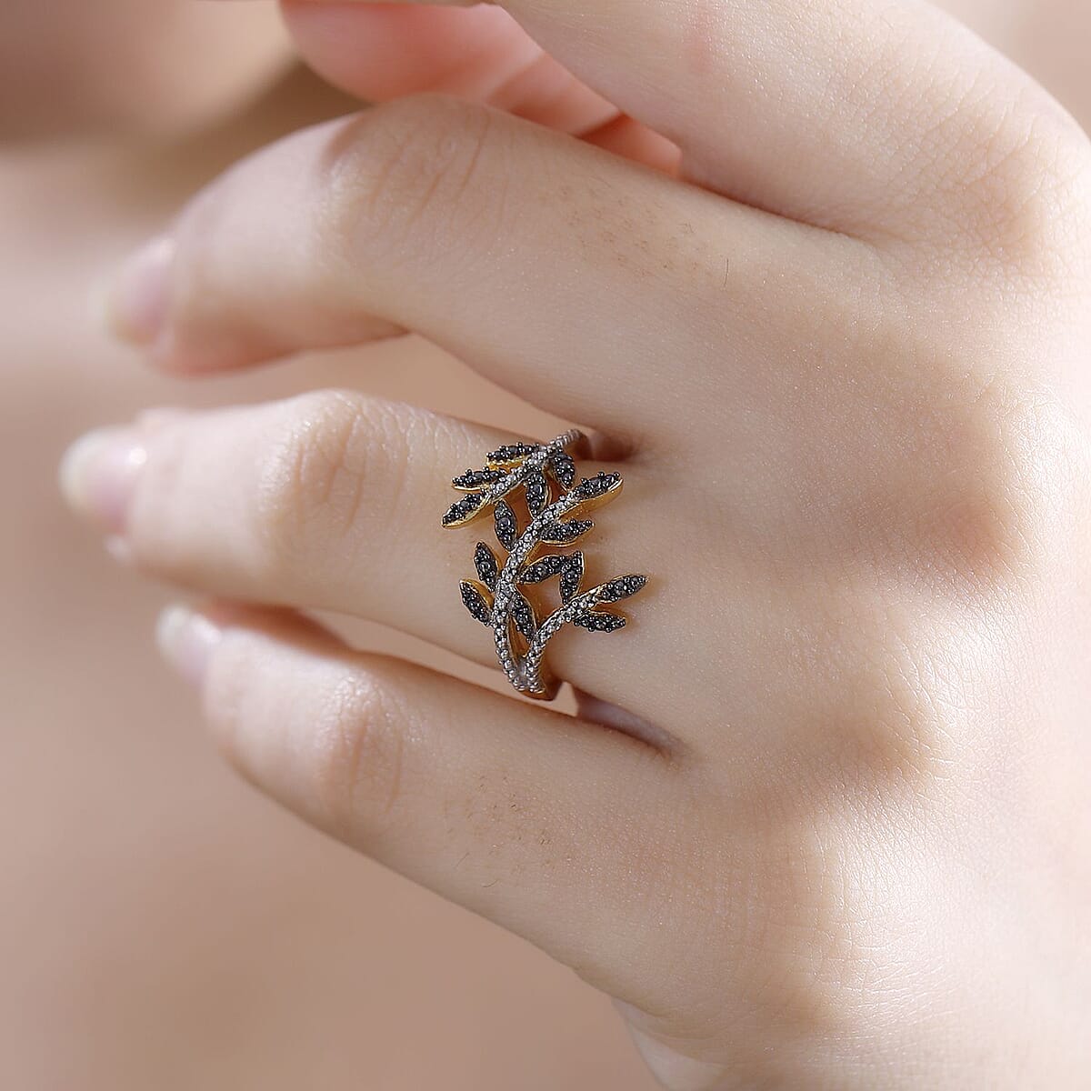 Karis Green and White Diamond Accent Bypass Leaf Ring in 18K Yellow Gold Plated (Size 9.0) image number 2