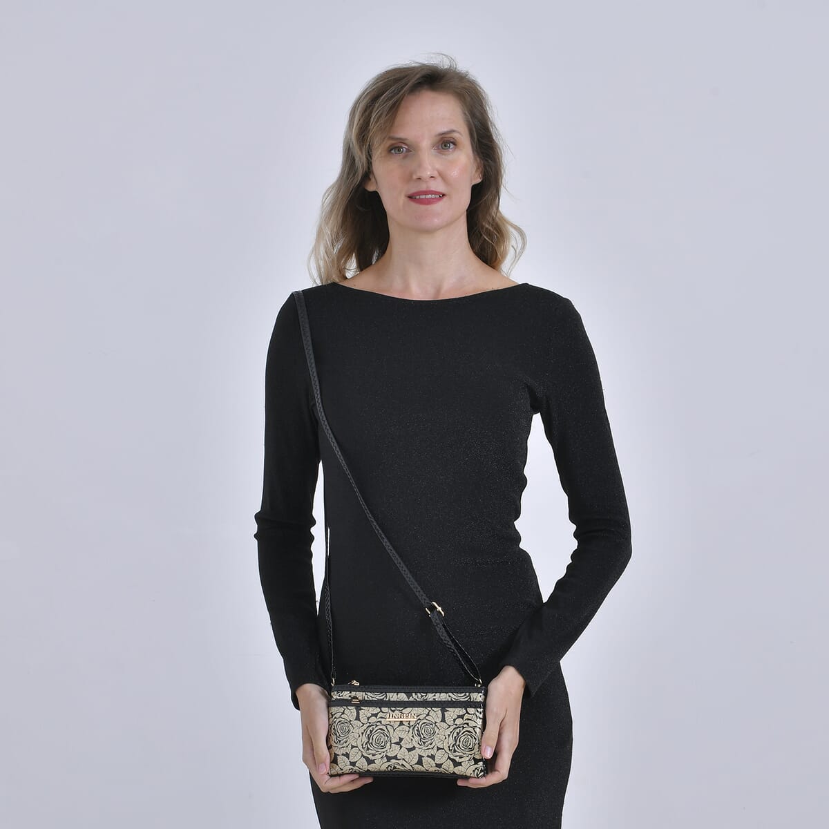 Gold Rose Pattern Faux Leather Crossbody Bag with Shoulder Strap image number 0