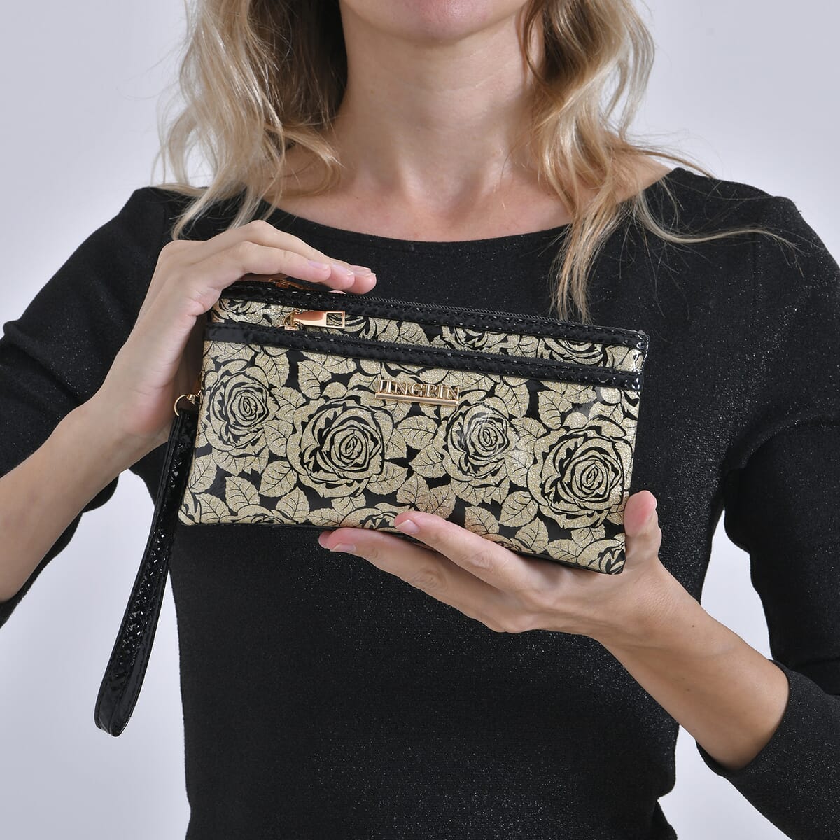 Gold Rose Pattern Faux Leather Crossbody Bag with Shoulder Strap image number 1
