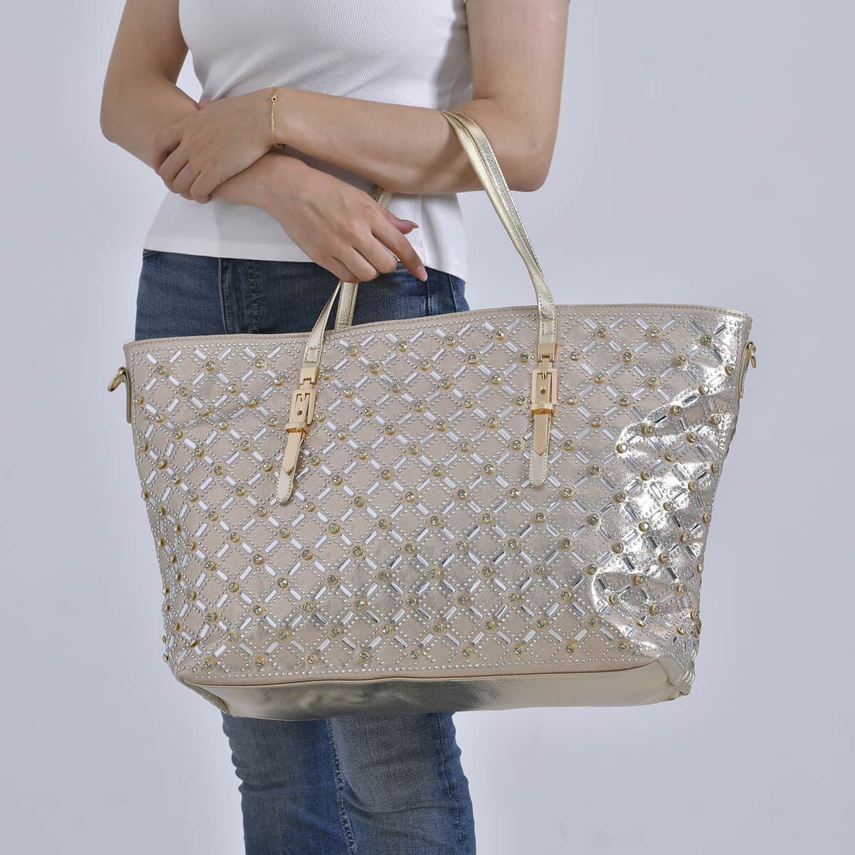 Golden Fashionable Spacious Crystal Tote Bag image number 2