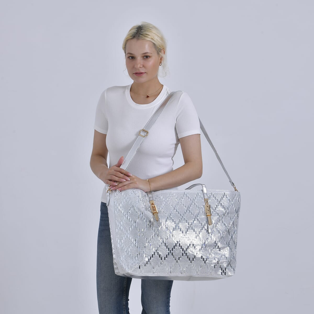 Silver Fashionable Spacious Crystal Tote Bag image number 1