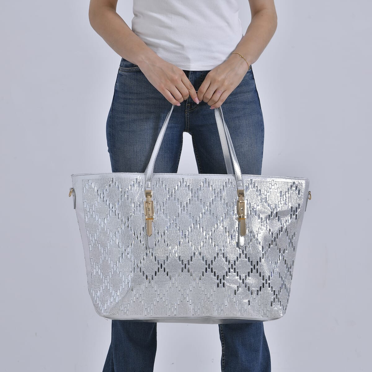 Silver Fashionable Spacious Crystal Tote Bag image number 2