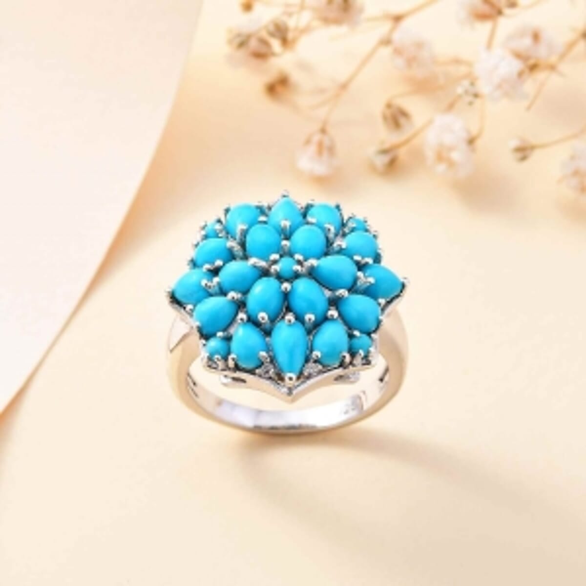 Sleeping Beauty Turquoise and White Zircon 3.24 ctw Cluster Ring in Rhodium Over Sterling Silver (Size 10) image number 1