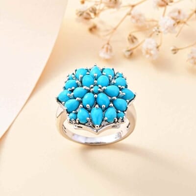 Sleeping Beauty Turquoise and White Zircon 3.24 ctw Cluster Ring in Rhodium Over Sterling Silver (Size 10)