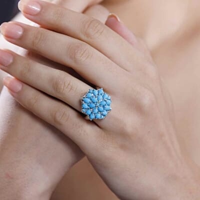 Sleeping Beauty Turquoise and White Zircon 3.24 ctw Cluster Ring in Rhodium Over Sterling Silver (Size 10)