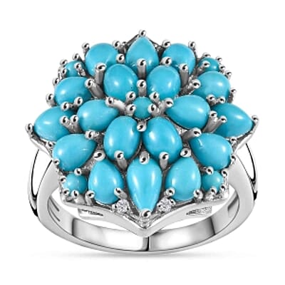 Sleeping Beauty Turquoise and White Zircon 3.24 ctw Cluster Ring in Rhodium Over Sterling Silver (Size 10)