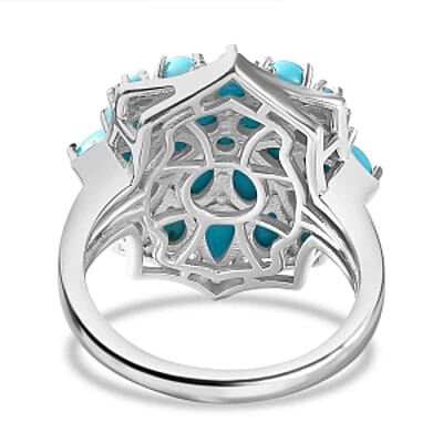 Sleeping Beauty Turquoise and White Zircon 3.24 ctw Cluster Ring in Rhodium Over Sterling Silver (Size 10)