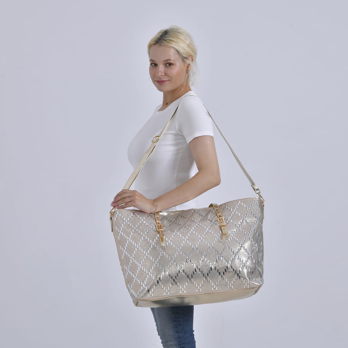Gold Fashionable Spacious Crystal Tote Bag image number 1