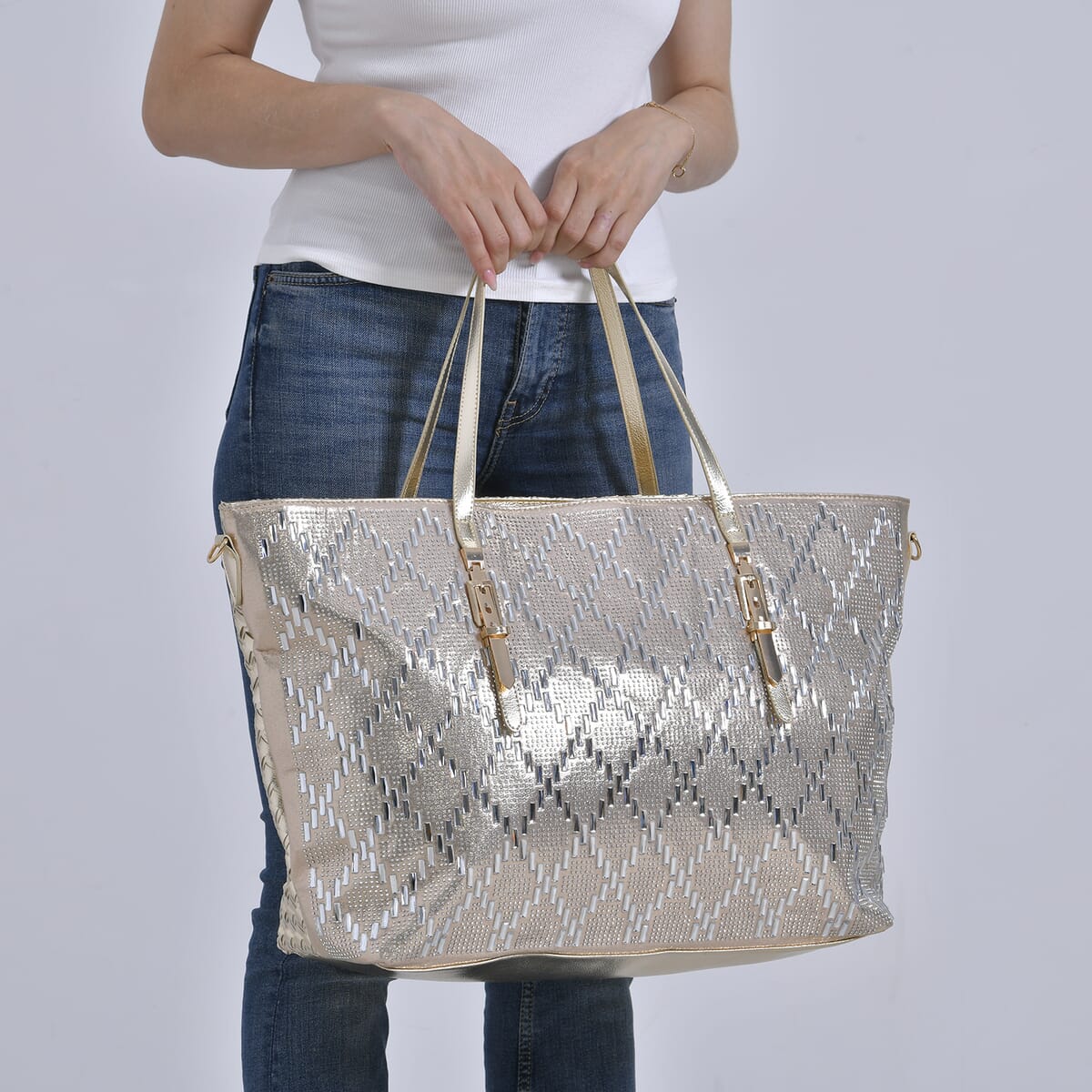 Gold Fashionable Spacious Crystal Tote Bag image number 2