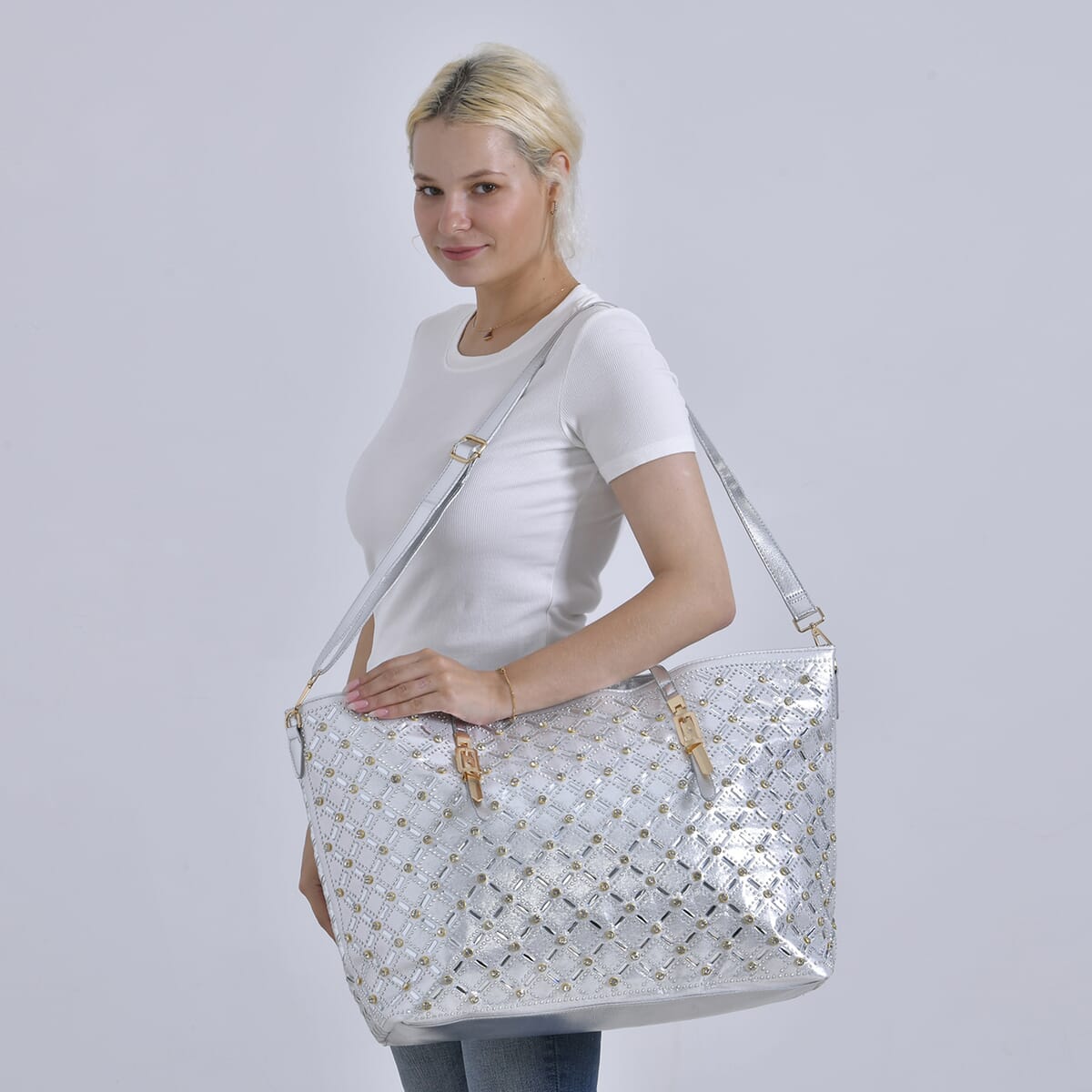 Silver Fashionable Spacious Crystal Tote Bag image number 1