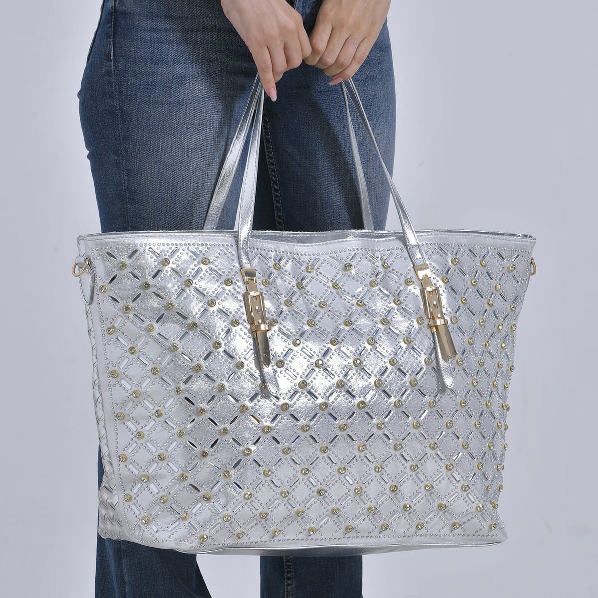 Silver Fashionable Spacious Crystal Tote Bag image number 2