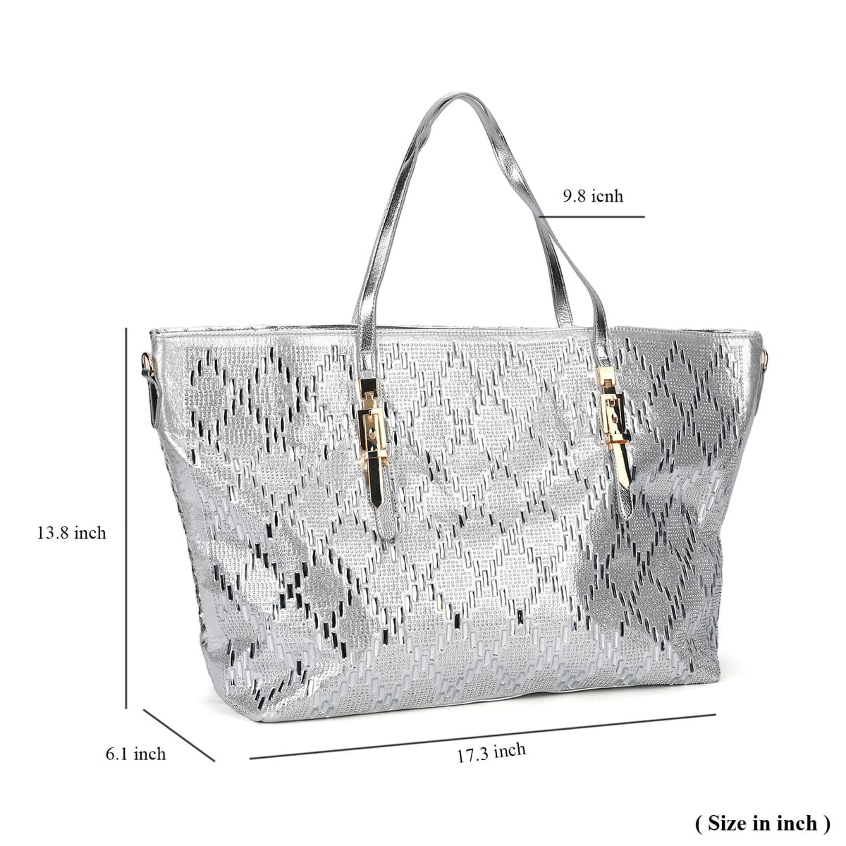 Silver Fashionable Spacious Crystal Tote Bag image number 6