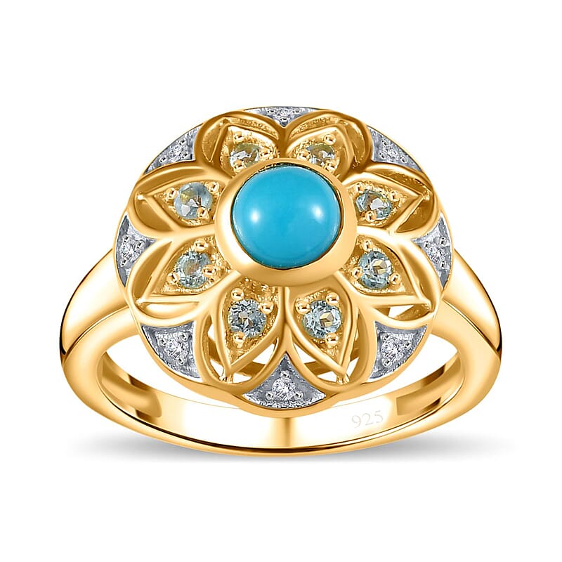 Sleeping Beauty Turquoise and Multi Gemstone 0.85 ctw Ring in 18K Vermeil Yellow Gold Over Sterling Silver (Size 9.0)