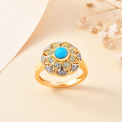 Sleeping Beauty Turquoise and Multi Gemstone 0.85 ctw Ring in 18K Vermeil Yellow Gold Over Sterling Silver (Size 9.0)