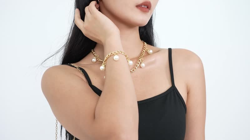 Silver Color Sparkling Cluthc Bag with Clasp Closure (8.7"x4.7"x1.8") with Pearl Station Bracelet (7.5-8.5In) and Necklace (18-20In) in Goldtone