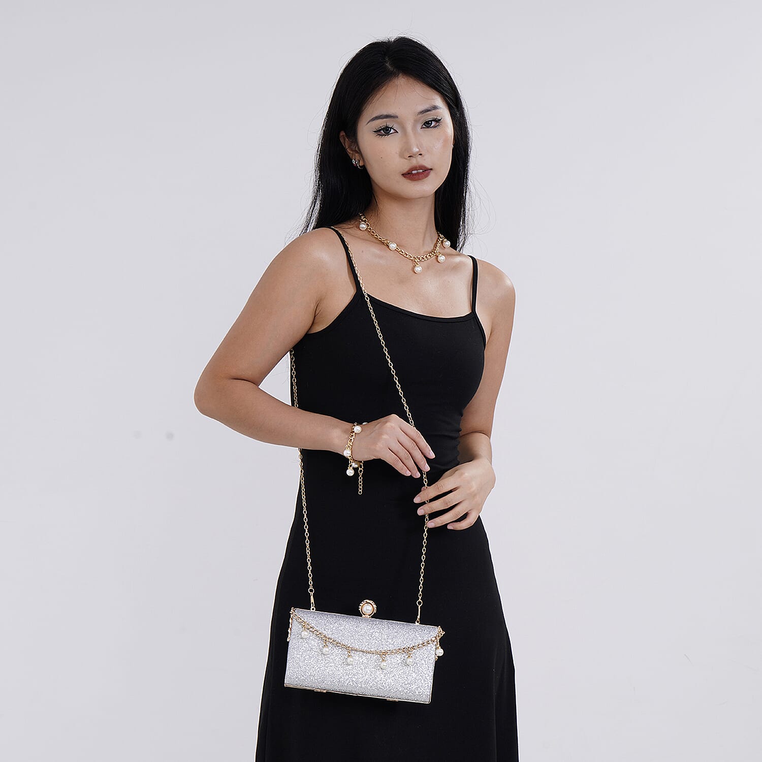 Set of 3, Silver Color Sparkling Clutch Bag with Clasp Closure with Pearl Station Bracelet (7.5-8.5In) and Necklace (18-20In) in Goldtone