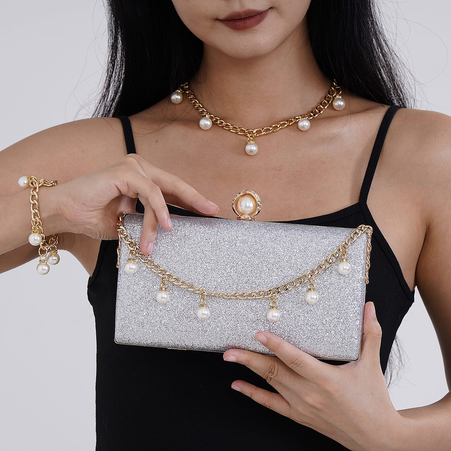 Set of 3, Silver Color Sparkling Clutch Bag with Clasp Closure with Pearl Station Bracelet (7.5-8.5In) and Necklace (18-20In) in Goldtone