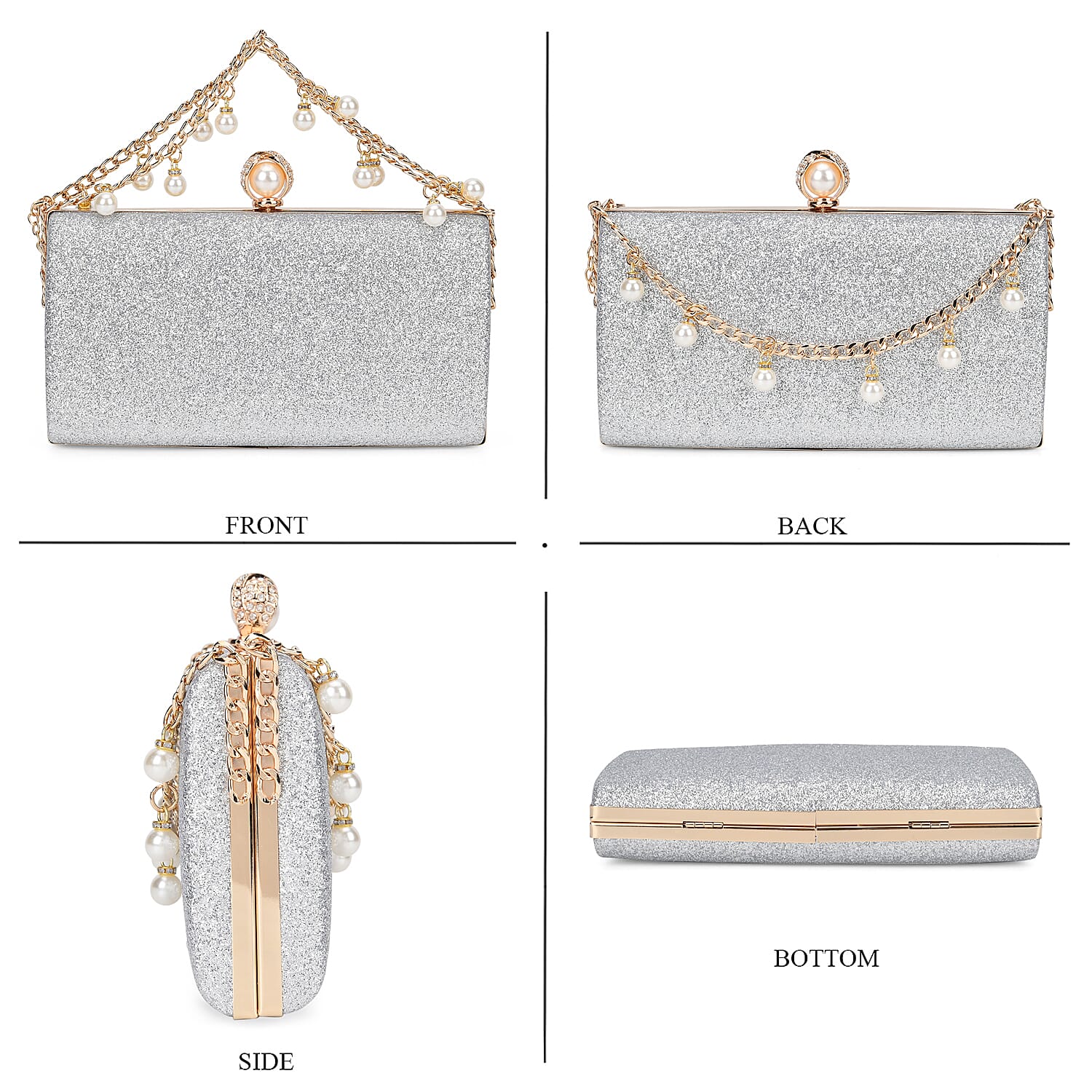 Set of 3, Silver Color Sparkling Clutch Bag with Clasp Closure with Pearl Station Bracelet (7.5-8.5In) and Necklace (18-20In) in Goldtone
